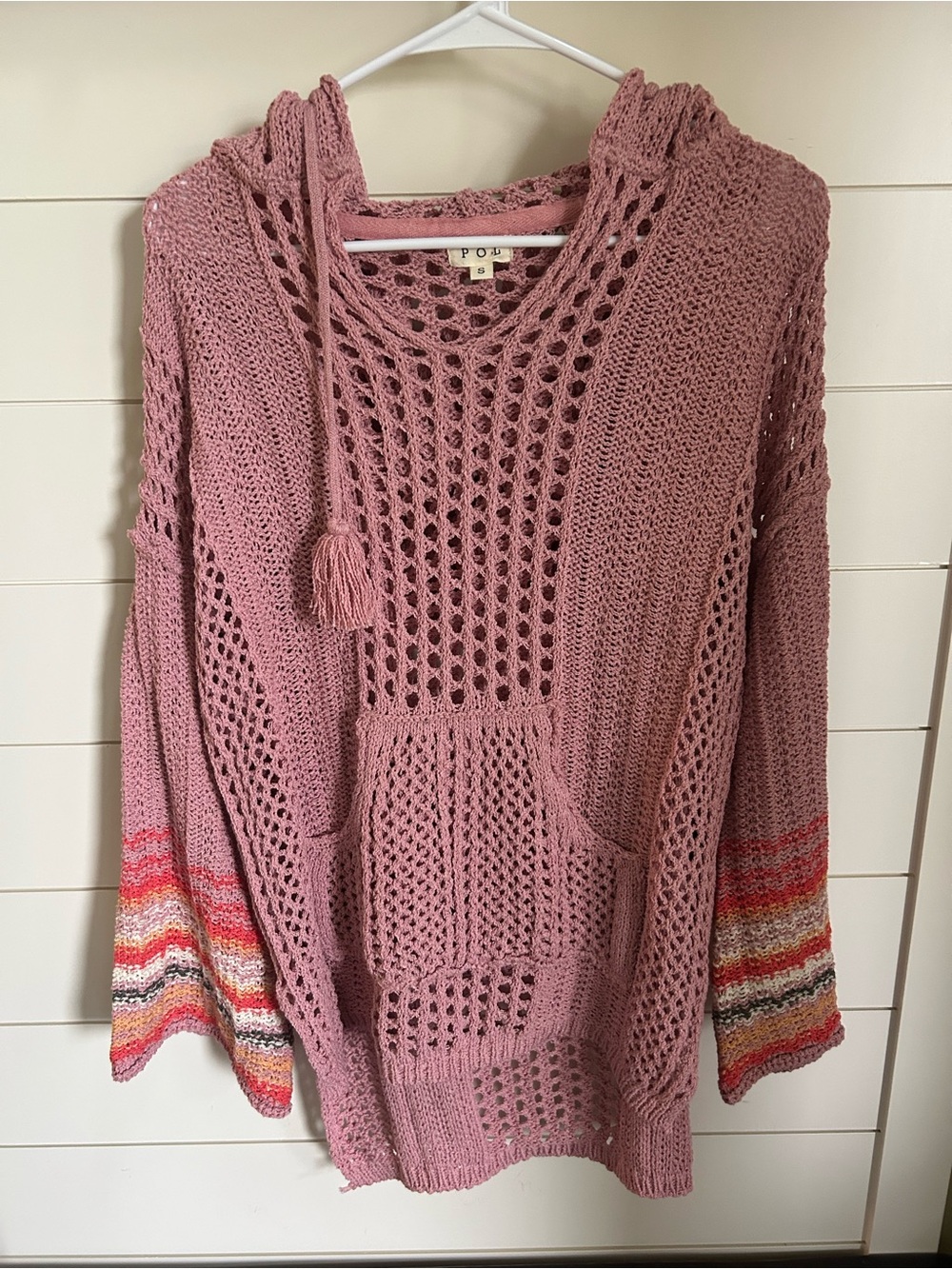 POL Pink Open-Knit Hoodie Sweater with Multicolor Sleeve Detail